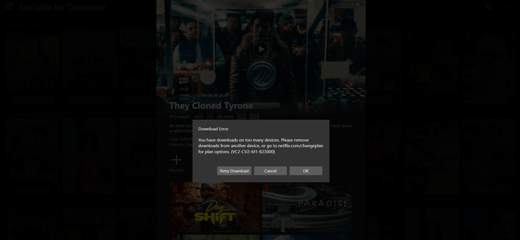 Error screen for Netflix downloads - Too many devices