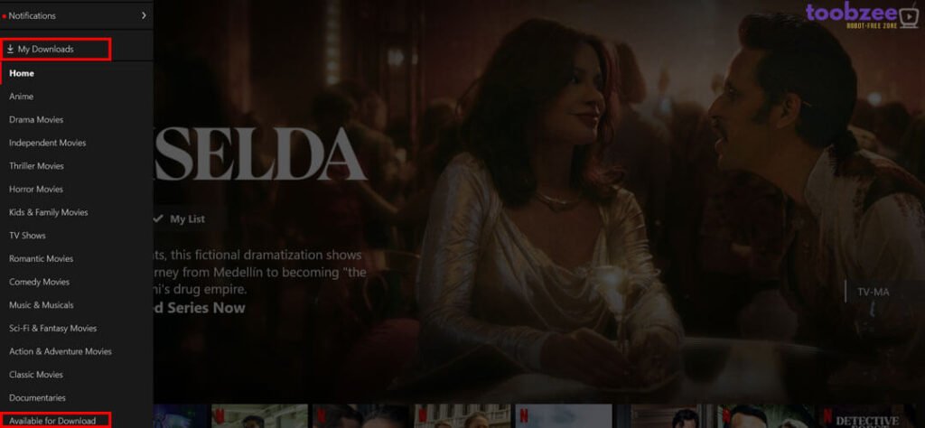 The Netflix Windows app with My Downloads and Available for Download highlighted in red - Netflix Downloads